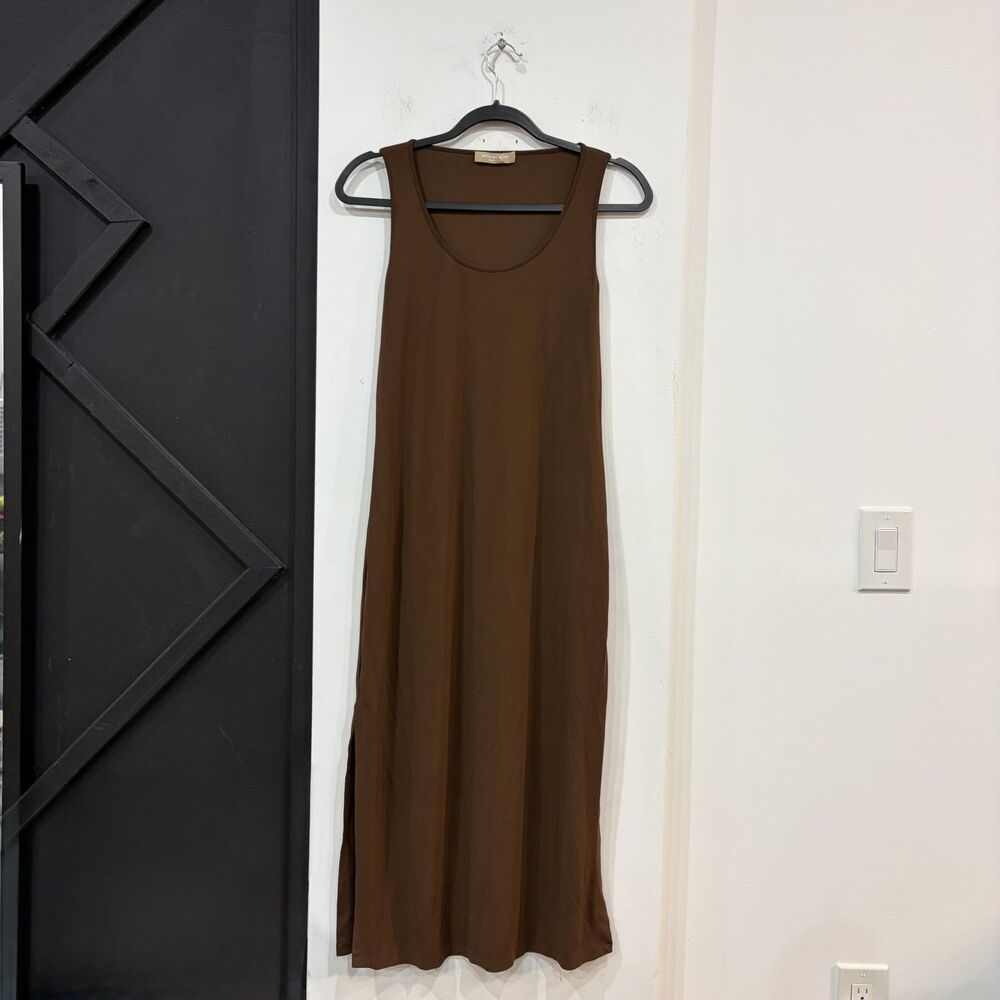 Michael Kors Brown Sleeveless Maxi Tank Dress Size Medium Side Slit Minimalist
